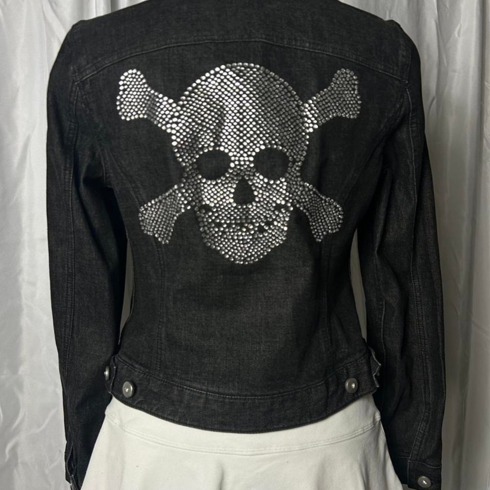 Y2K Rhinestone Skull Denim Jacket INC International Concepts Small petite